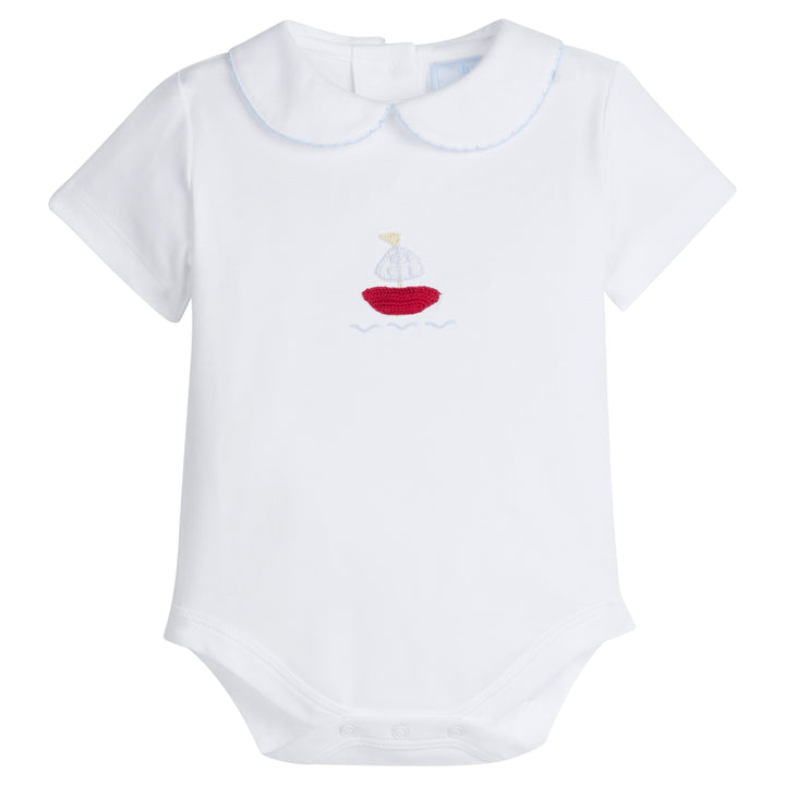 Little English traditional children's clothing.  Baby boy's white knit peter pan bubble with sailboat crochet for Spring.  Gift clothing for baby boy