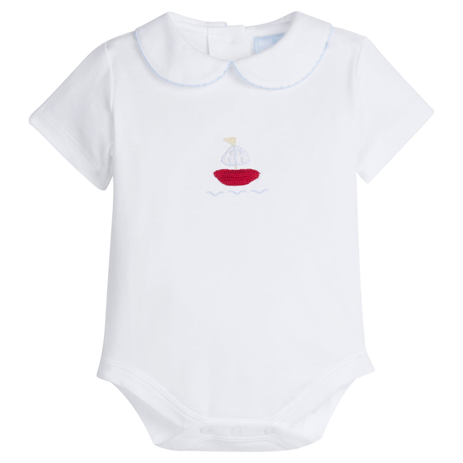 Little English traditional children's clothing.  Baby boy's white knit peter pan bubble with sailboat crochet for Spring.  Gift clothing for baby boy