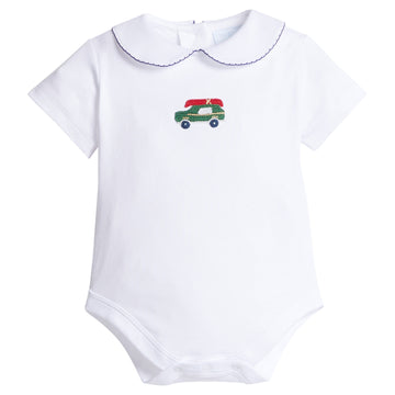 little english classic children's clothing white onesie for baby boys with crochet wagoneer and peter pan collar with navy picot trim 