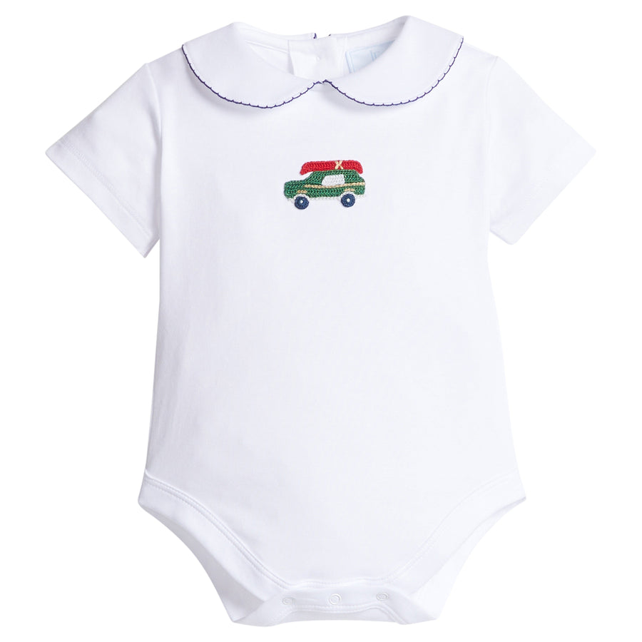 little english classic children's clothing white onesie for baby boys with crochet wagoneer and peter pan collar with navy picot trim 