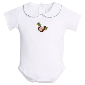 Little English classic children's clothing. White knit onesie with peter pan collar, green picot trim and crochet mallard at the center chest for baby boy