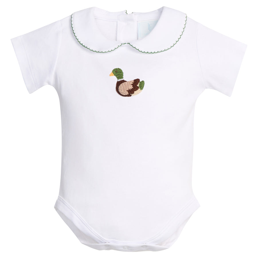 Little English classic children's clothing. White knit onesie with peter pan collar, green picot trim and crochet mallard at the center chest for baby boy