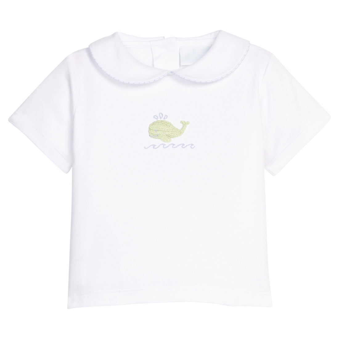 Little English classic crochet peter pan shirt with blue whale motif on chest, for little boy 