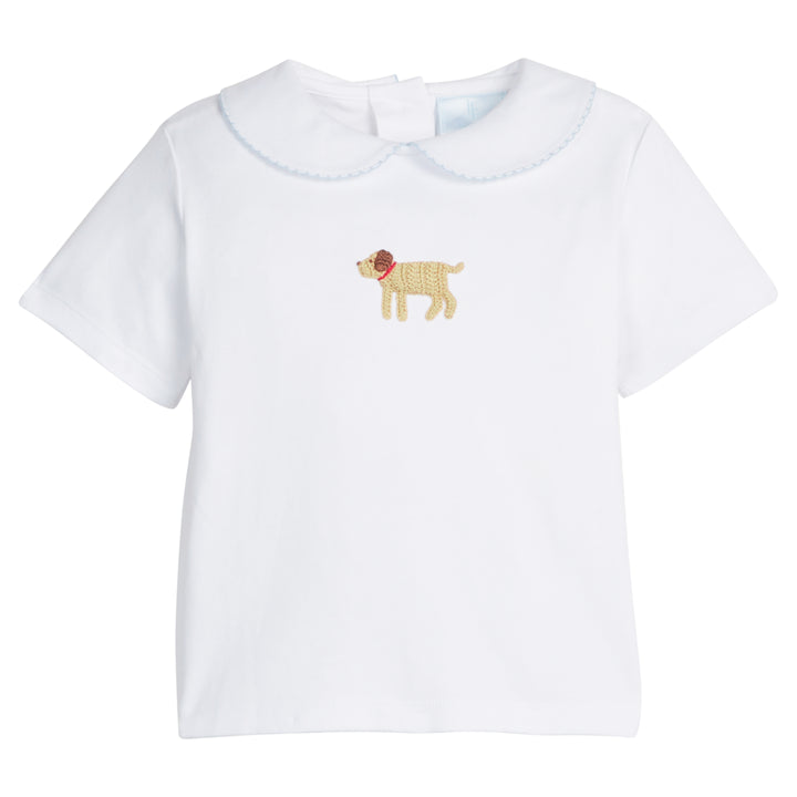 Little English traditional children's clothing.  Toddler boy's white knit peter pan shirt with dog crochet for Spring.  Gift clothing for toddler boy