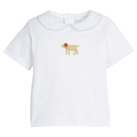 Little English traditional children's clothing.  Toddler boy's white knit peter pan shirt with dog crochet for Spring.  Gift clothing for toddler boy