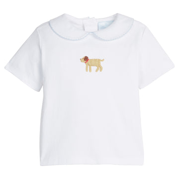 Little English traditional children's clothing.  Toddler boy's white knit peter pan shirt with dog crochet for Spring.  Gift clothing for toddler boy