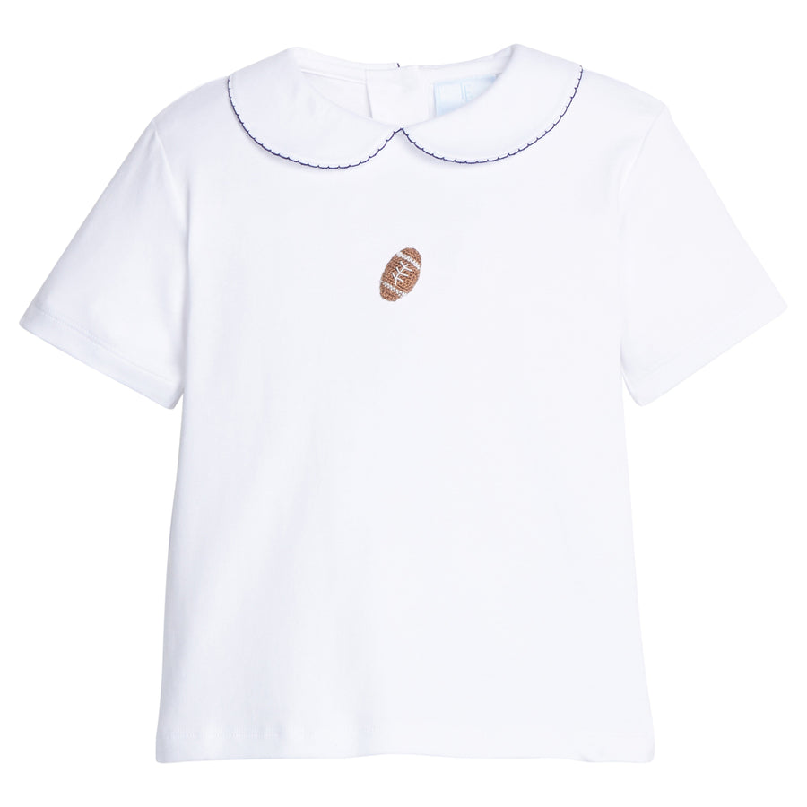 little english classic children's clothing white shirt for boys with crochet football and peter pan collar with navy picot trim 