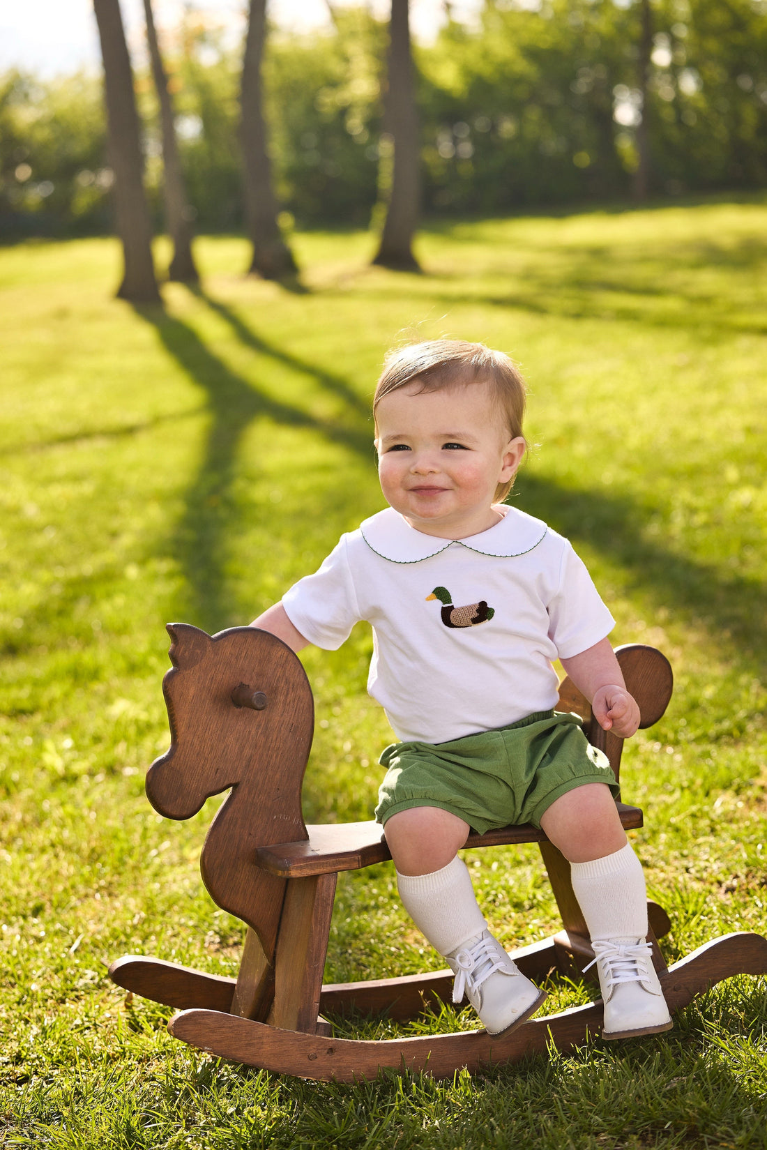 Little english classic childrens clothing, crochet peter pan shirt with mallard motif on chest. banded short in watercress corduroy, outfit for fall 