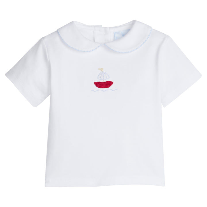 Little English traditional children's clothing. Toddler boy's white knit peter pan shirt with sailboat crochet for Spring