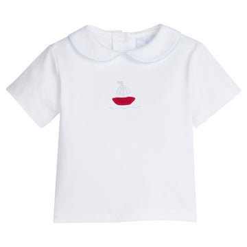 Little English traditional children's clothing. Toddler boy's white knit peter pan shirt with sailboat crochet for Spring