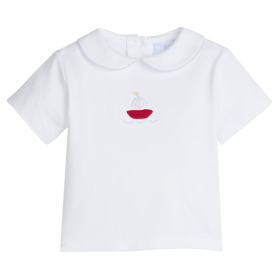 Little English traditional children's clothing. Toddler boy's white knit peter pan shirt with sailboat crochet for Spring