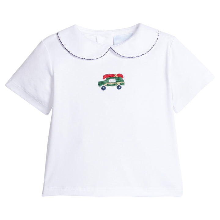 little english classic children's clothing white shirt for boys with crochet wagoneer and peter pan collar with navy picot trim 