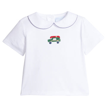 little english classic children's clothing white shirt for boys with crochet wagoneer and peter pan collar with navy picot trim 