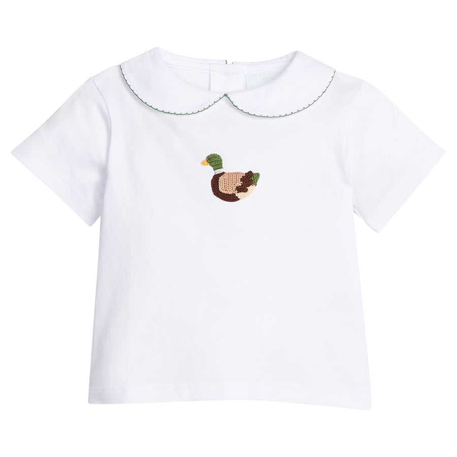Little English classic children's clothing. White knit shirt with peter pan collar, green picot trim and crochet mallard at the center chest for baby boy