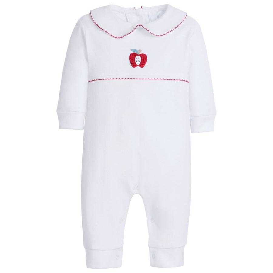 little english classic childrens clothing unisex playsuit with peter pan collar and red trim