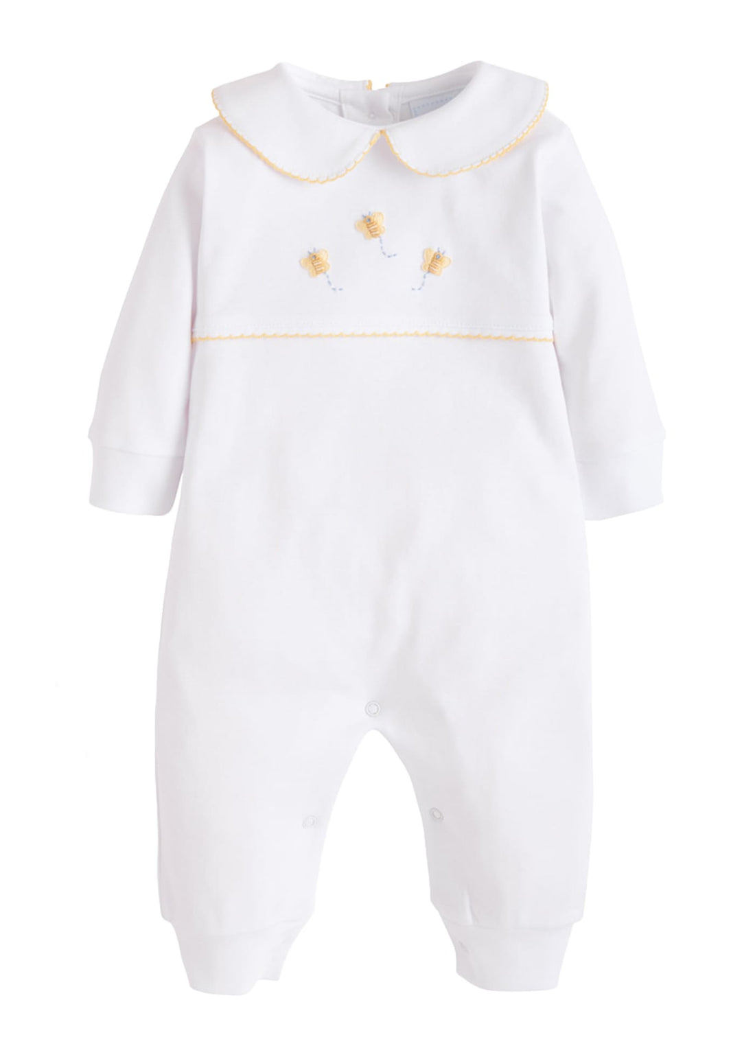Little English traditional baby clothes, unisex signature white cotton playsuit with peter pan collar, yellow picot trim, and crochet bees for baby boys and girls