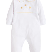 Little English traditional baby clothes, unisex signature white cotton playsuit with peter pan collar, yellow picot trim, and crochet bees for baby boys and girls