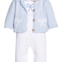 Little English traditional children's clothing.  Baby girl's white knit peter pan playsuit romper with blue bow crochet for Spring with matching sweater.  Gift clothing for baby girl