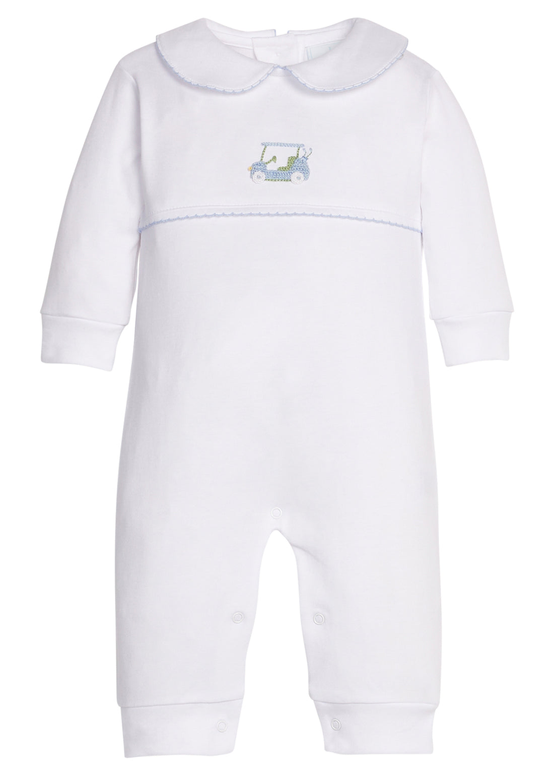 Little English classic crochet playsuit with blue golf cart motif on chest, for little boy 