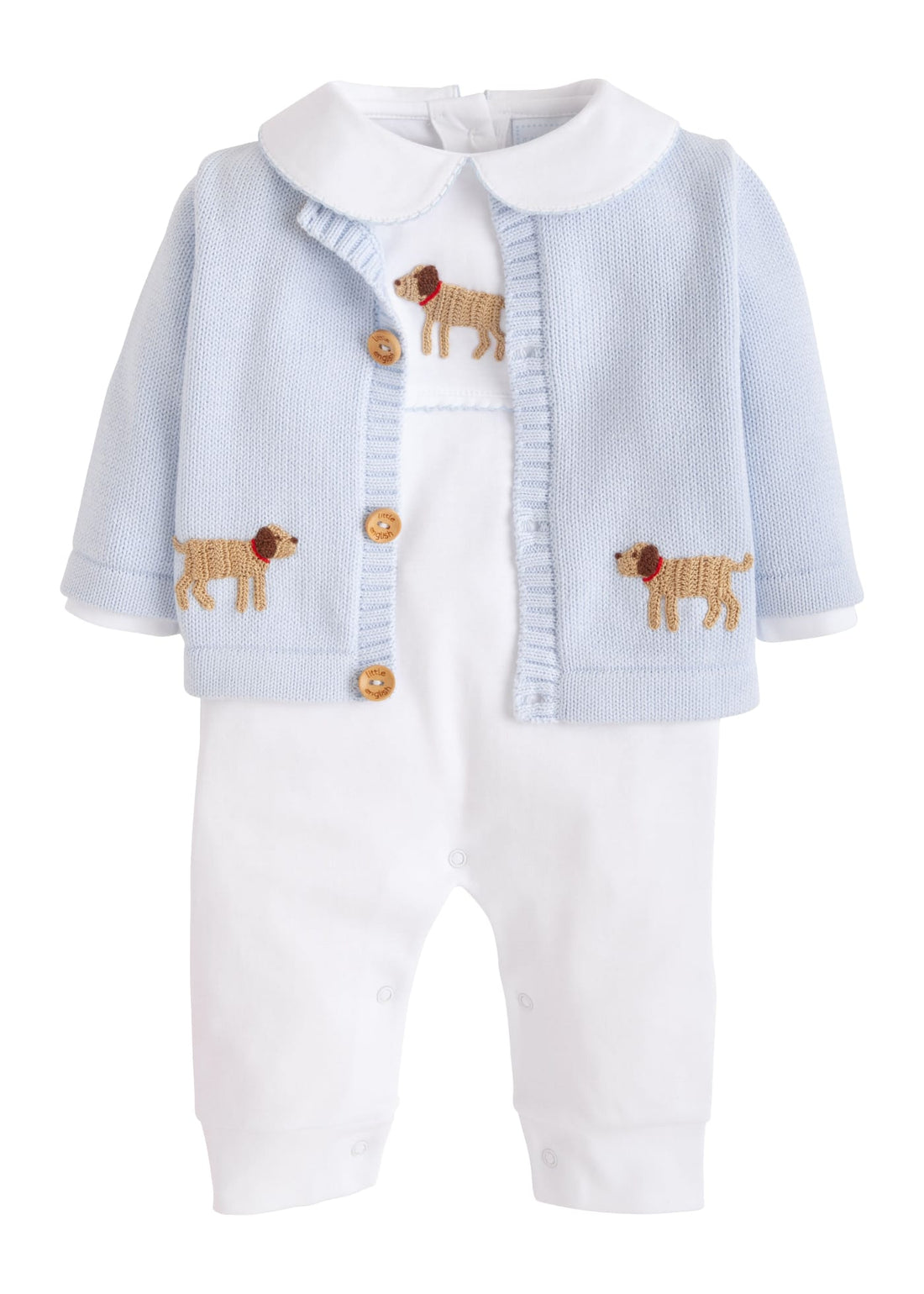 Little English traditional baby clothing, signature light blue crochet sweater with lab for baby boy