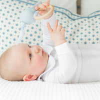 little english classic children's clothing baby boys white playsuit with crochet teddy bear and peter pan collar with light blue details 