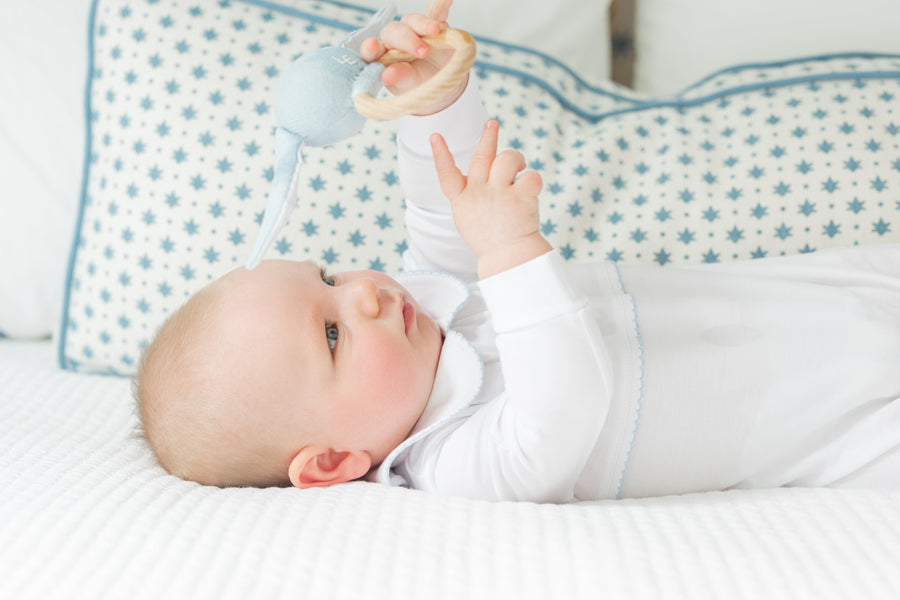 little english classic children's clothing baby boys white playsuit with crochet teddy bear and peter pan collar with light blue details 