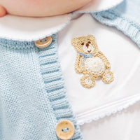 little english classic children's clothing baby boys white playsuit with crochet teddy bear and peter pan collar with light blue details 
