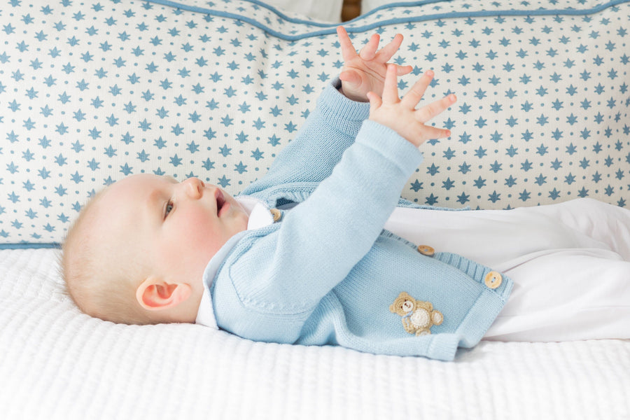 little english classic children's clothing baby boys white playsuit with crochet teddy bear and peter pan collar with light blue details 