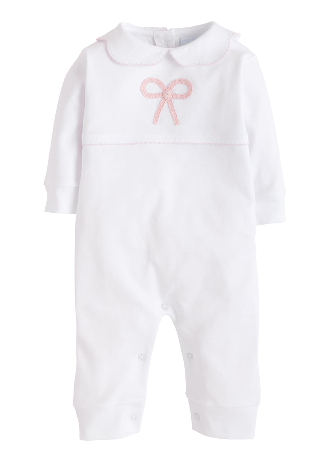Little English traditional baby clothing, signature crochet playsuit with pink bow for baby girl