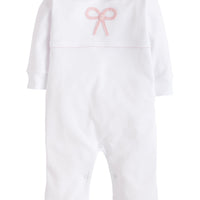 Little English traditional baby clothing, signature crochet playsuit with pink bow for baby girl