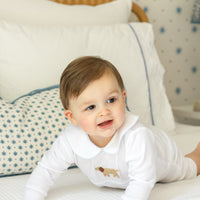 Little English traditional baby clothes, signature white cotton playsuit with peter pan collar, light blue picot trim, and crochet lab for baby boy