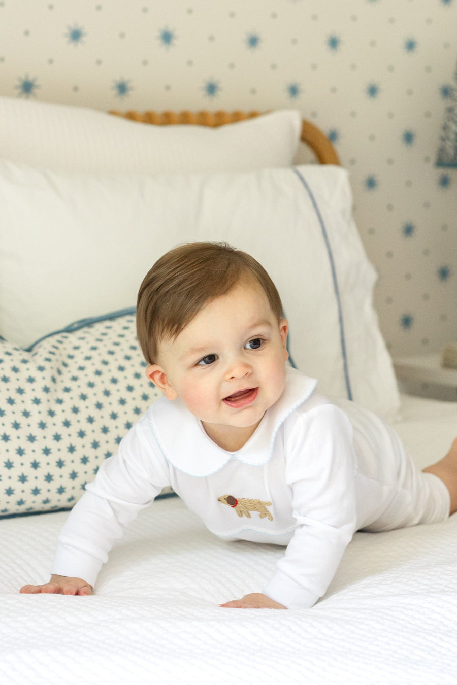 Little English traditional baby clothes, signature white cotton playsuit with peter pan collar, light blue picot trim, and crochet lab for baby boy