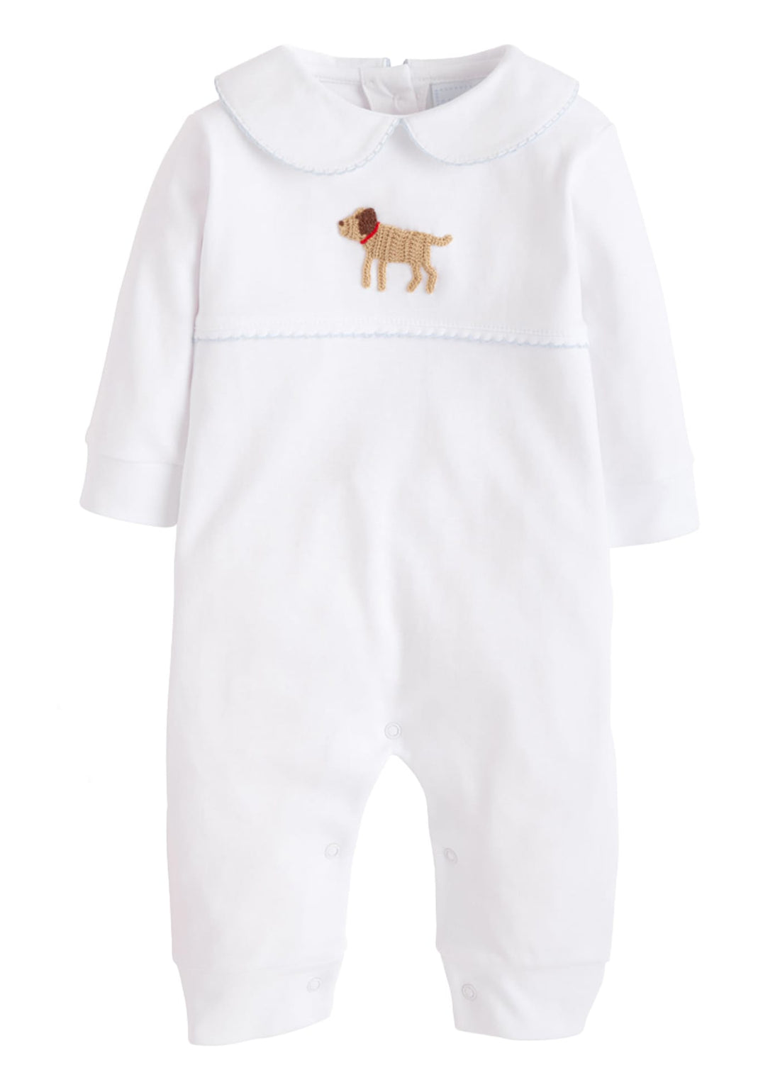 Little English traditional baby clothes, signature white cotton playsuit with peter pan collar, light blue picot trim, and crochet lab for baby boy