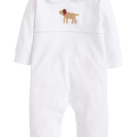 Little English traditional baby clothes, signature white cotton playsuit with peter pan collar, light blue picot trim, and crochet lab for baby boy