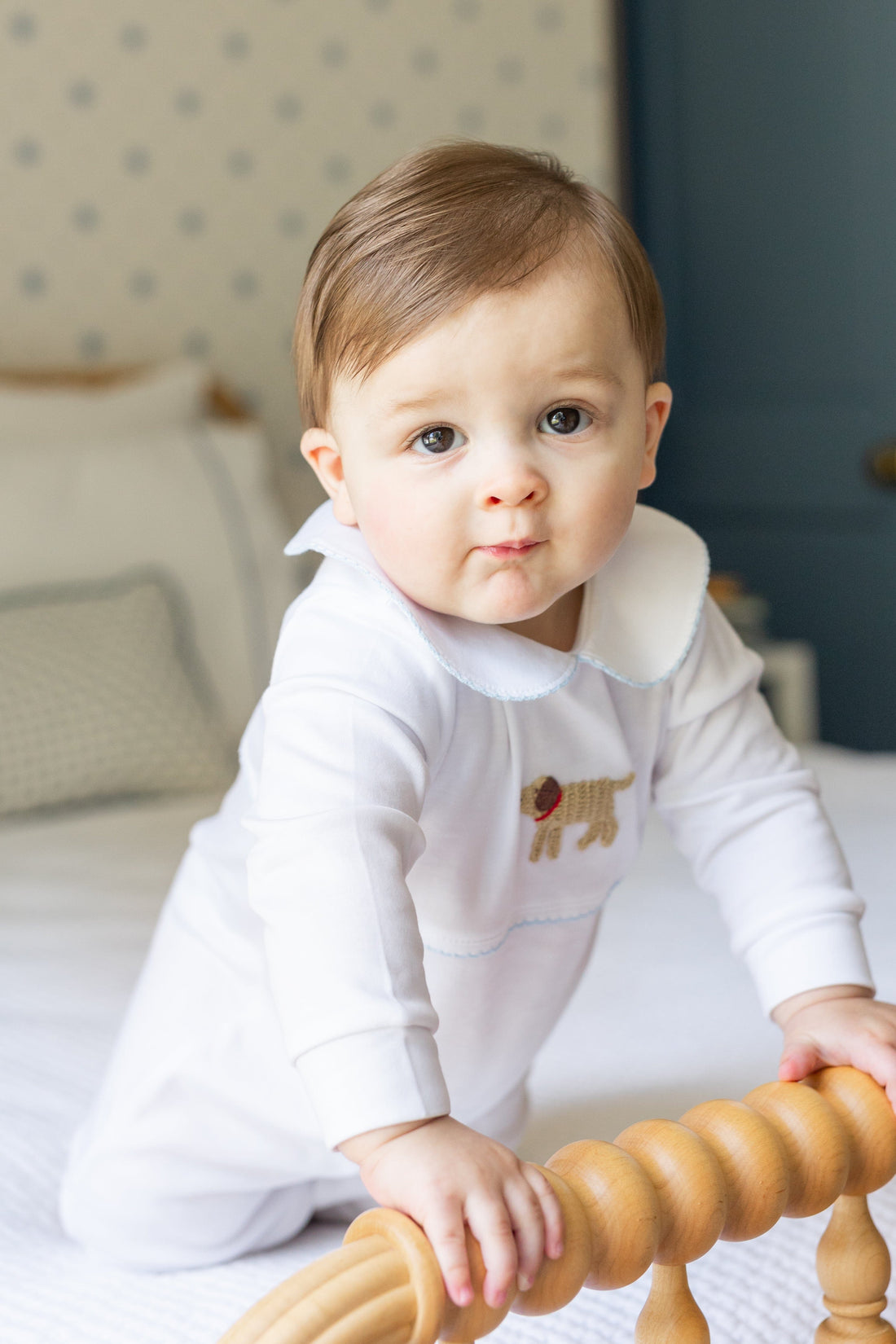 Little English traditional baby clothes, signature white cotton playsuit with peter pan collar, light blue picot trim, and crochet lab for baby boy