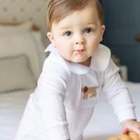 Little English traditional baby clothes, signature white cotton playsuit with peter pan collar, light blue picot trim, and crochet lab for baby boy