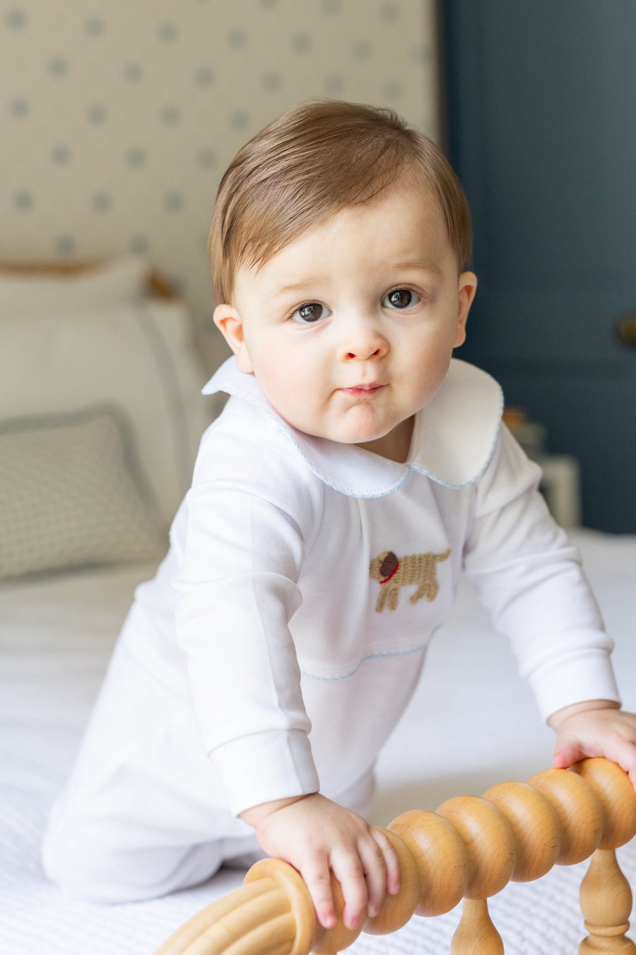 Little English traditional baby clothes, signature white cotton playsuit with peter pan collar, light blue picot trim, and crochet lab for baby boy