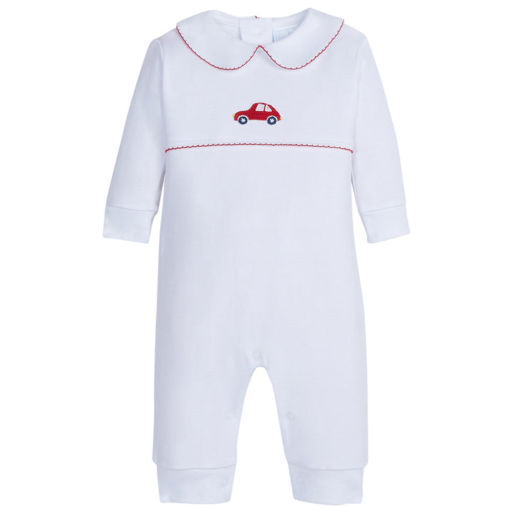 little english classic childrens clothing boys playsuit with crochet car and red trim