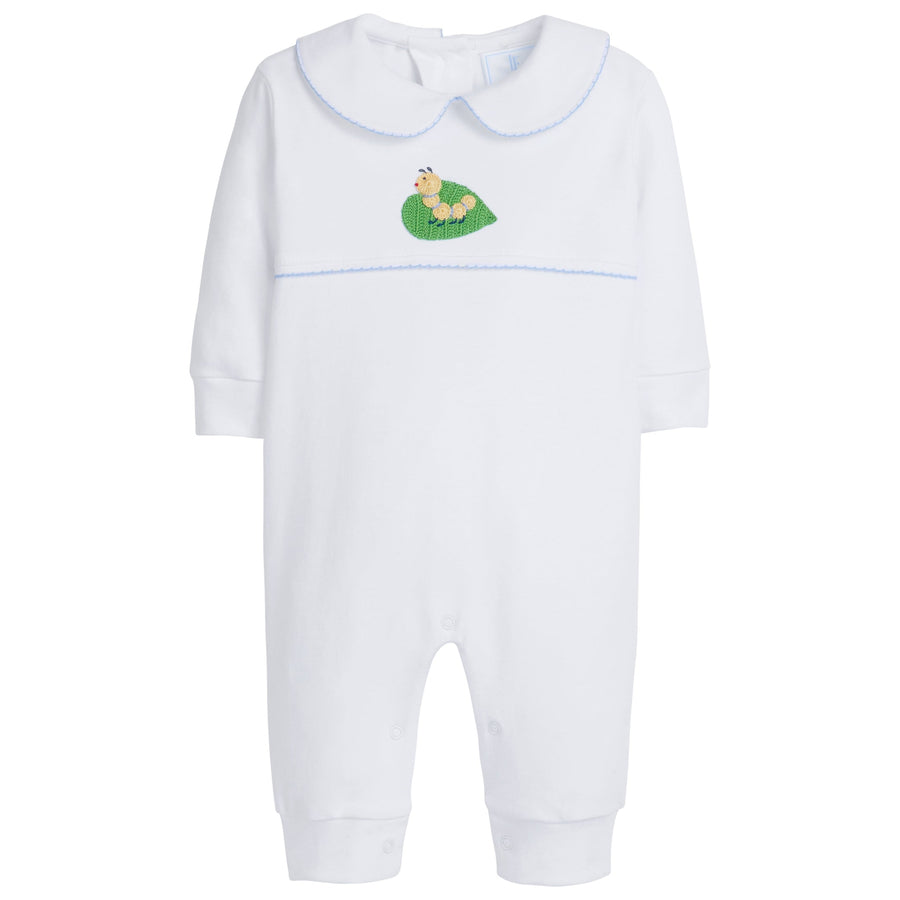 little english classic childrens clothing boys playsuit with crochet caterpillar and green trim
