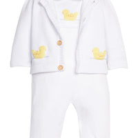 Little English traditional children's clothing.  Classic white cotton playsuit with peter pan collar and yellow crochet duck for baby. paired with matching cardigan