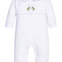 Little English traditional children's clothing.  White pima cotton playsuit with peter pan collar, light blue picot trim, and crocheted fishing rod at center of chest