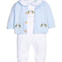 Little English traditional children's clothing.  Light blue cotton cardigan with crocheted fishing rods on either side and in back for baby boys