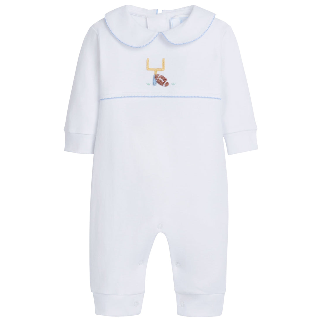 Little English classic childrens clothing baby boys playsuit with embroidered football on chest and blue trim