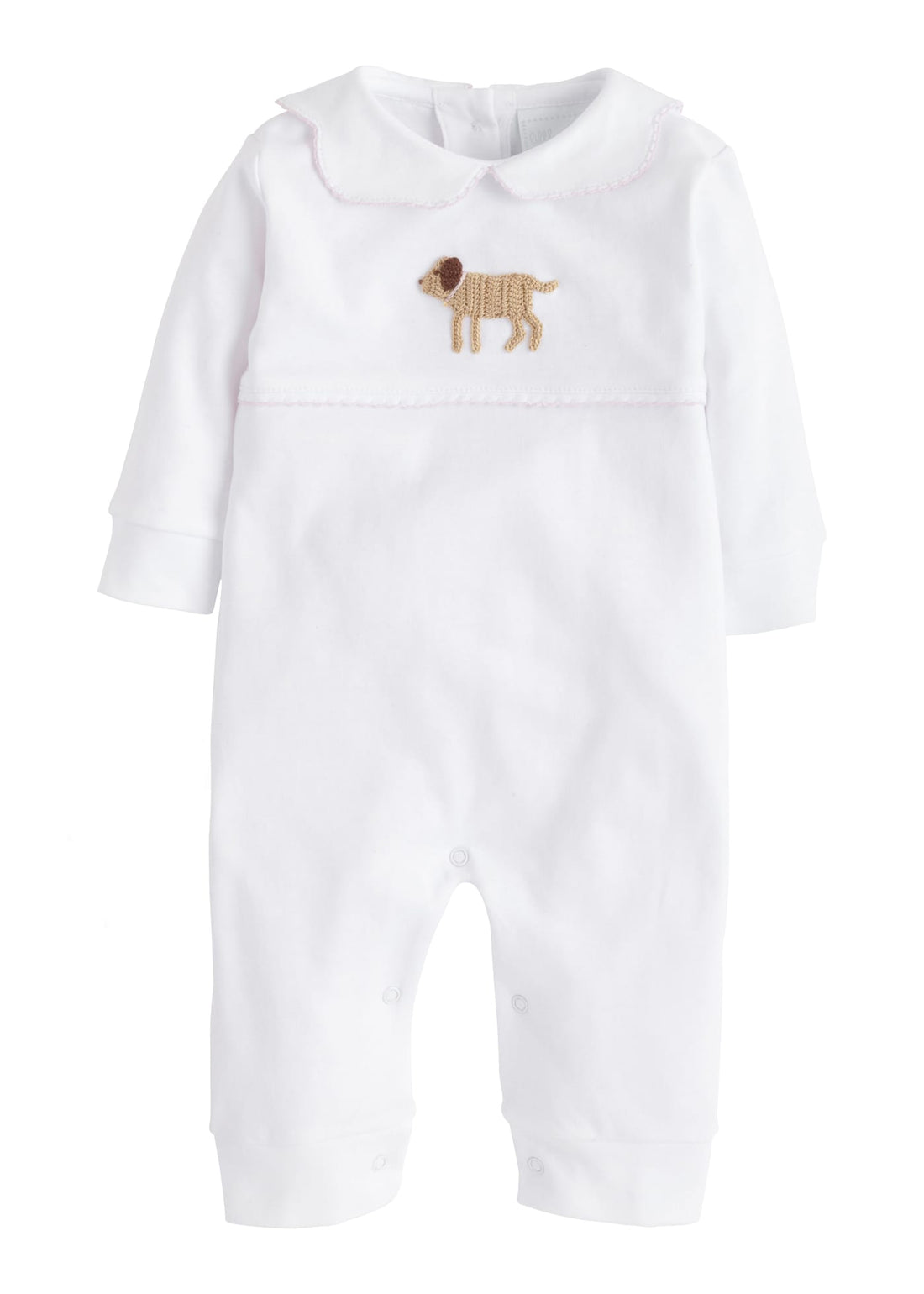 Little English traditional baby clothes, signature white cotton playsuit with peter pan collar, light pink picot trim, and crochet lab for baby girl