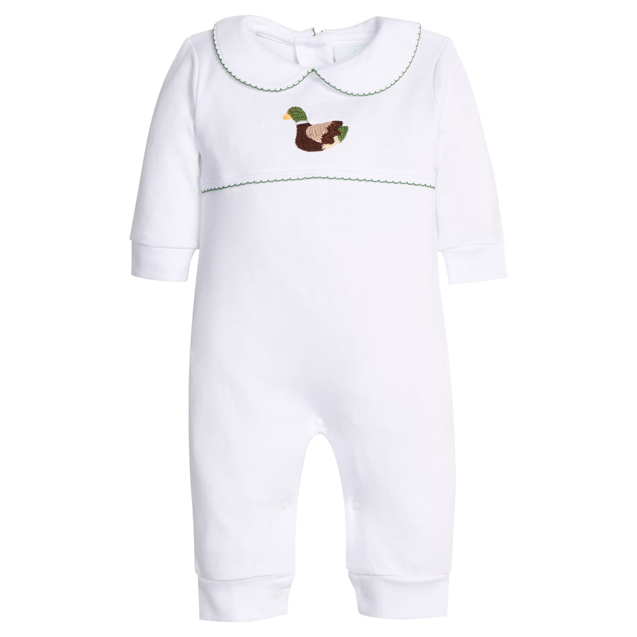 Little English classic children's clothing. White knit playsuit with peter pan collar, green picot trim and crochet mallard at the center chest for baby boy