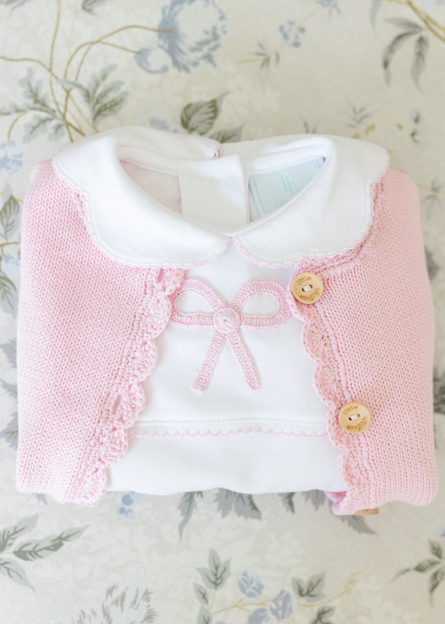 Little English traditional baby clothing, signature crochet playsuit with pink bow for baby girl