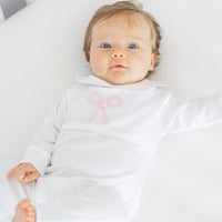 Little English traditional baby clothing, signature crochet playsuit with pink bow for baby girl