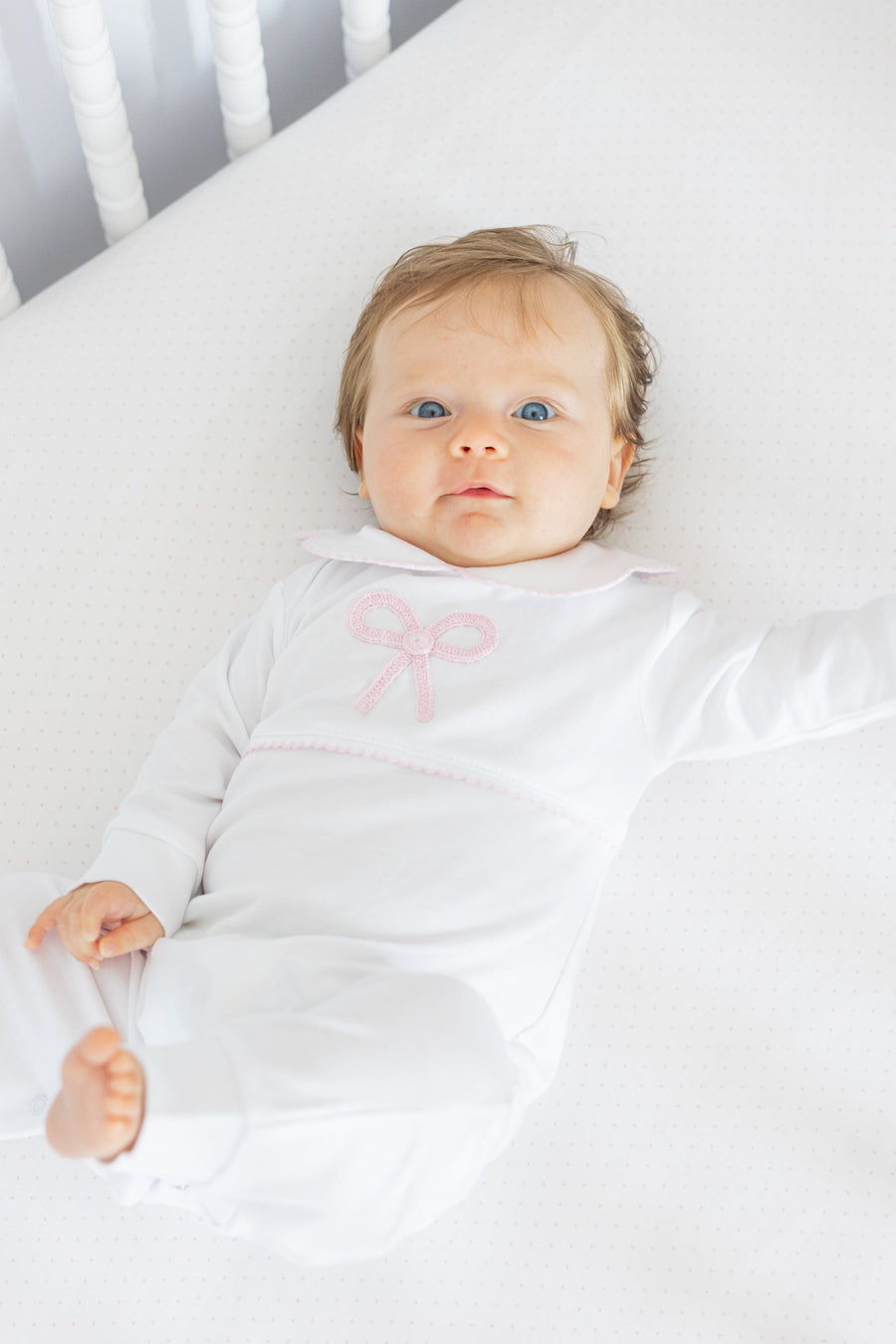 Little English traditional baby clothing, signature crochet playsuit with pink bow for baby girl