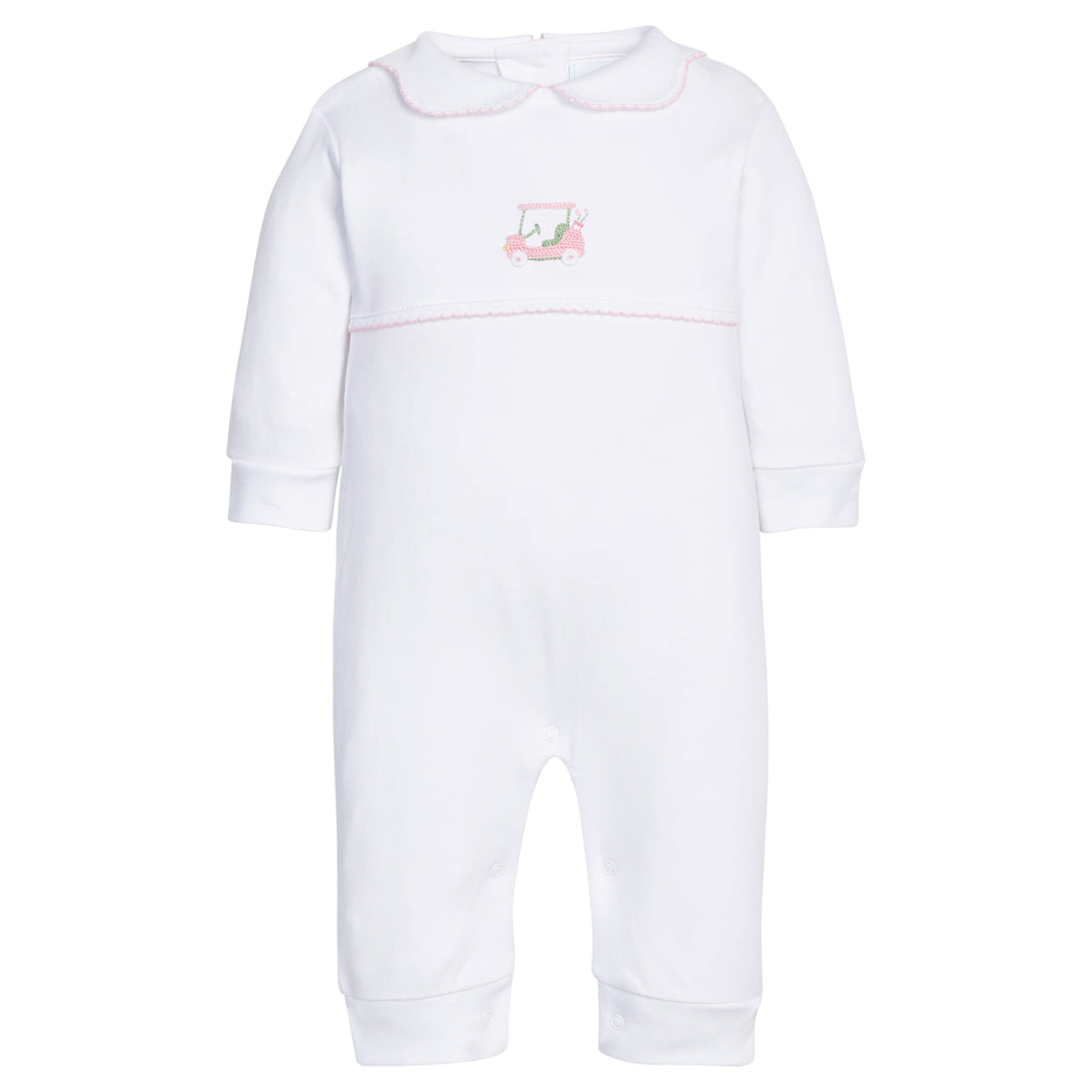 Little English classic crochet playsuit with pink golf cart motif on chest, for baby girl 