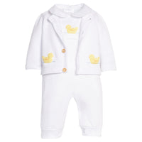 Little English traditional children's clothing.  Classic white cotton playsuit with peter pan collar and yellow crochet duck for baby. paired with matching cardigan
